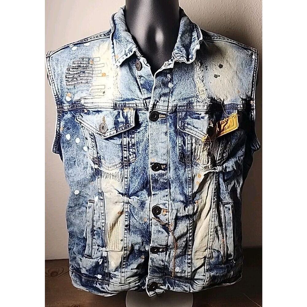 Another Hype Piece Denim Sleeveless Jacket Blue Acid Wash Distressed, Size - M